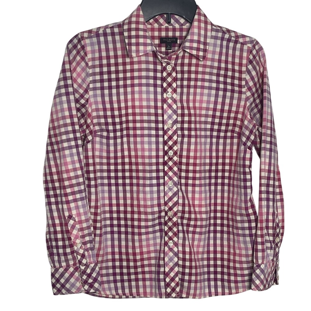 Talbots Petites Small Pink Purple Gingham Button Front Shirt